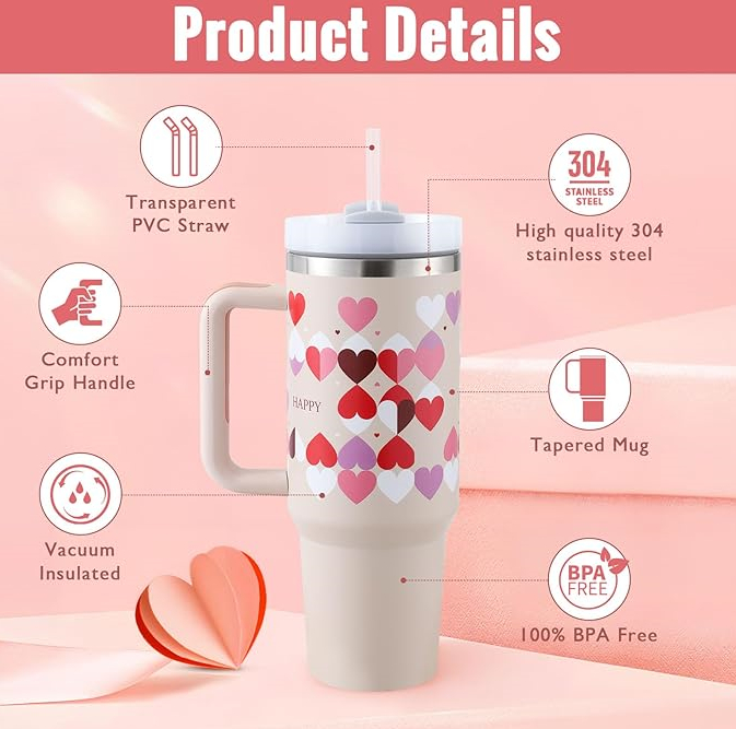 40 Oz Tumbler With Handle Straw Insulated, Stainless Steel Spill Proof Vacuum Coffee Cup Tumbler With Lid Tapered Mug Gifts For Lover Suitable For Car Gym Office Travel